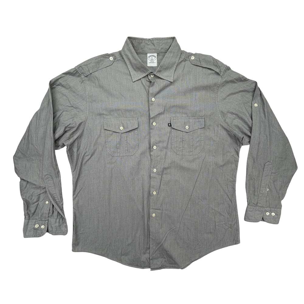 Brooks Brothers Shirt Mens XL 346 Slim Fit Gray Button Up Epaulet Pockets Cotton